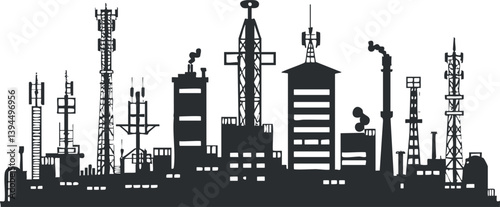 Silhouette of an industrial cityscape featuring factories, smokestacks, and communication towers.