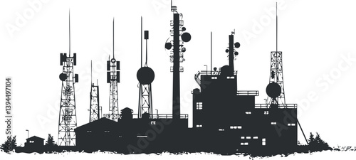Silhouette of communication towers and antennas against a white background, highlighting urban technology.