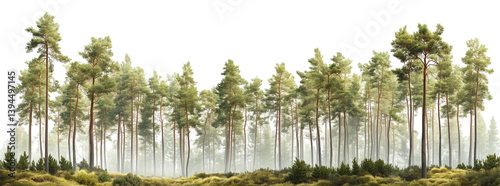 A straight row of tall pine trees a misty forest