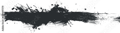 Abstract black brushstroke with splatter on white background, ideal for creative design projects.
