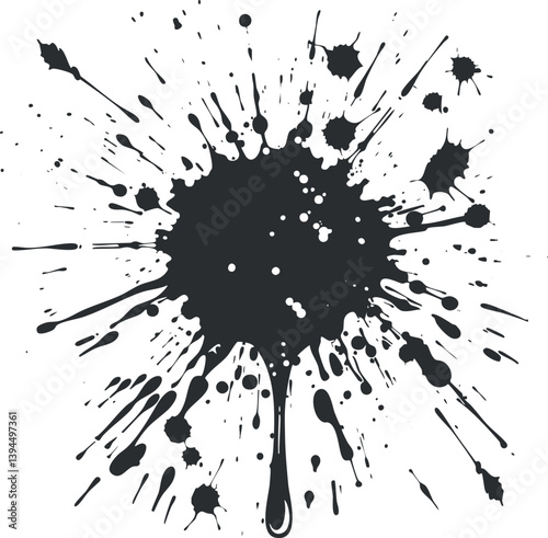 Black ink splatter creating an abstract and dynamic design with a messy, creative pattern.