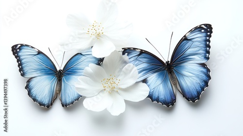 Delicate blue butterflies with white flowers on a white background.