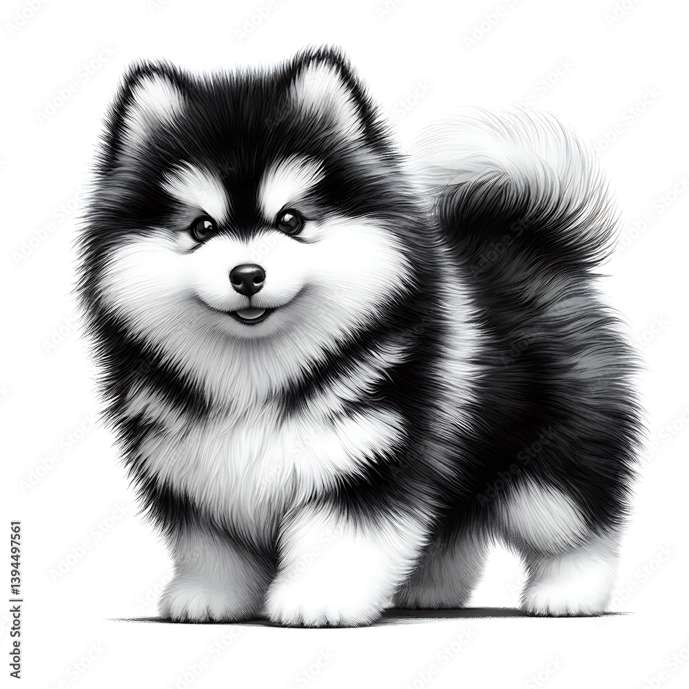 3D model of a cartoon Siberian Husky puppy, black and white image, chubby body. 3D model of a cartoon Siberian Husky puppy, black and white image, chubby body.