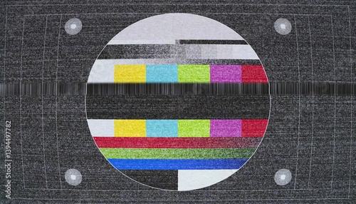 Illustation of an analog test image with interference. VHS recording of an old retro vintage TV.