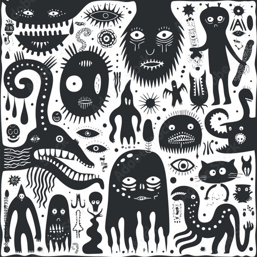 Abstract black and white illustration featuring a variety of strange and whimsical monster creatures.