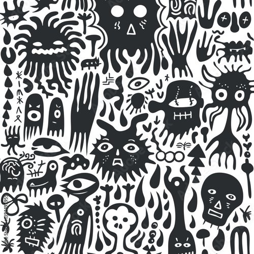 Abstract black and white pattern with doodled faces, creatures, and whimsical designs.
