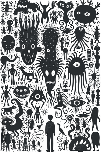 Abstract black and white illustration featuring various bizarre and imaginative monster silhouettes.