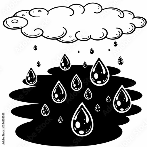 Illustration of Rain, with a dark cloud and droplets falling onto a dark surface