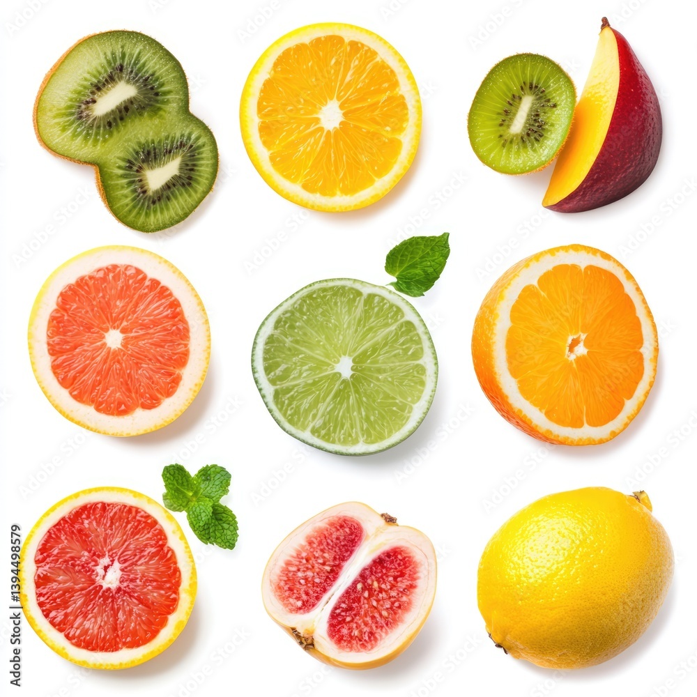 Colorful fruit display fresh citrus and kiwi food photography bright kitchen top view healthy eating
