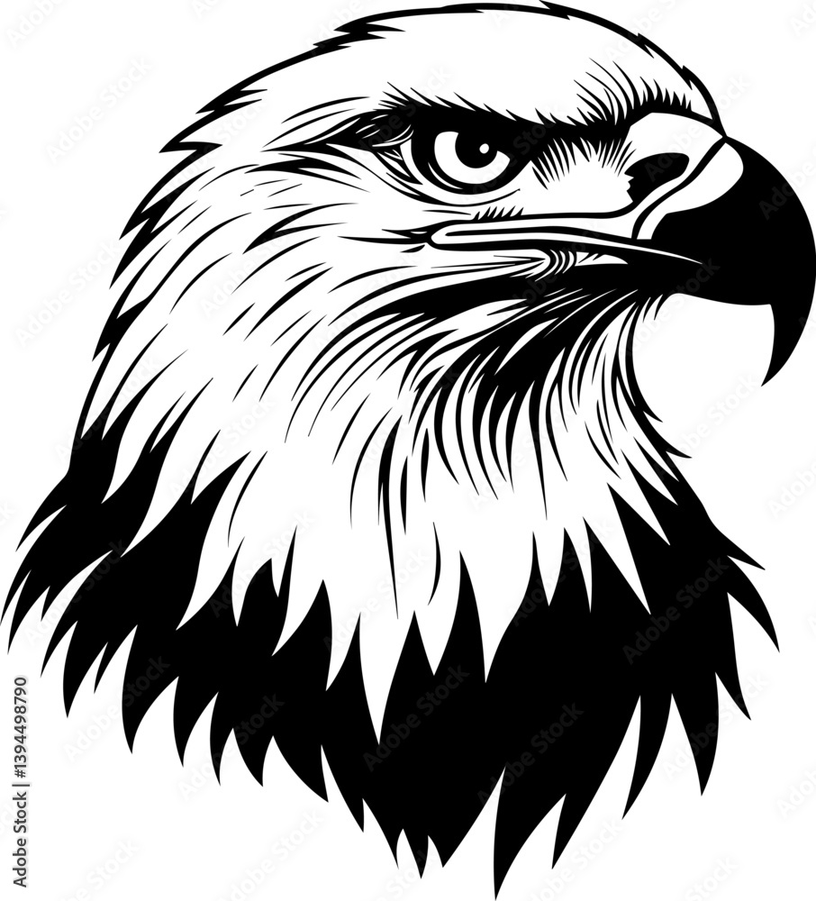 Obraz premium Powerful black and white vector illustration of a bald eagle's head in profile, showcasing its sharp gaze and detailed feathers. Represents freedom, strength, and American symbolism.