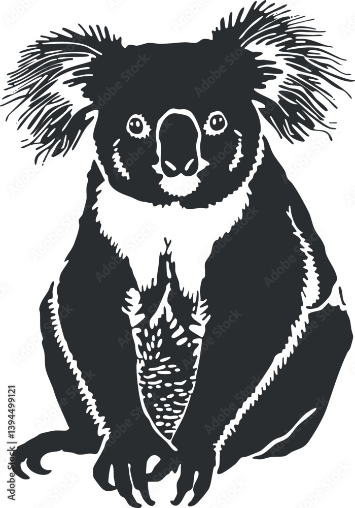 Fototapeta premium Black and white silhouette illustration of a koala, highlighting its distinct features and iconic shape.