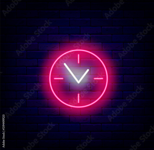 Time neon label on brick wall. Pink clock. Upcoming event. Bright flyer. Sport activity. Vector stock illustration