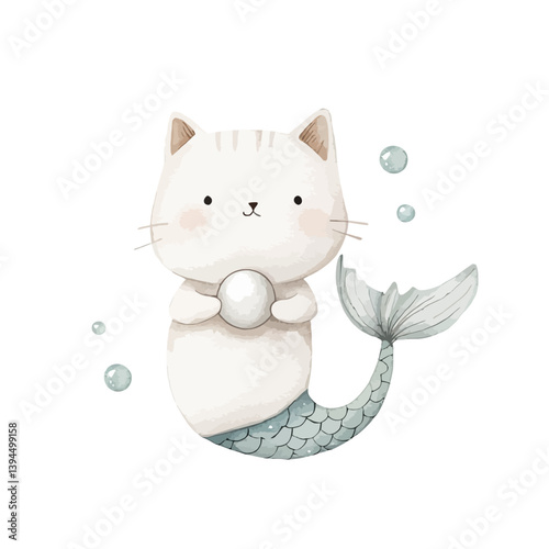 Whimsical Cat Mermaid: A charming watercolor illustration of a cute cat mermaid, delicately holding a lustrous pearl, swimming amidst gentle bubbles.