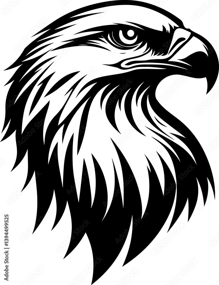 Powerful black and white vector illustration of a bald eagle's head in profile, showcasing its sharp gaze and detailed feathers. Represents freedom, strength, and American symbolism. Powerful black and white vector illustration of a bald eagle's head in profile, showcasing its sharp gaze and detailed feathers. Represents freedom, strength, and American symbolism.