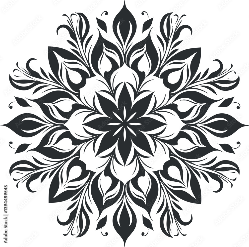 Obraz premium Intricate black and white floral mandala design with symmetrical and decorative patterns.