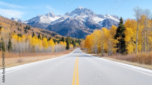 Asphalt Road Autumn Trees Vibrant Scenic Style High-Definition Wide Angle View Fall Foliage Journey Mountain Range Golden Hues Travel Brochure