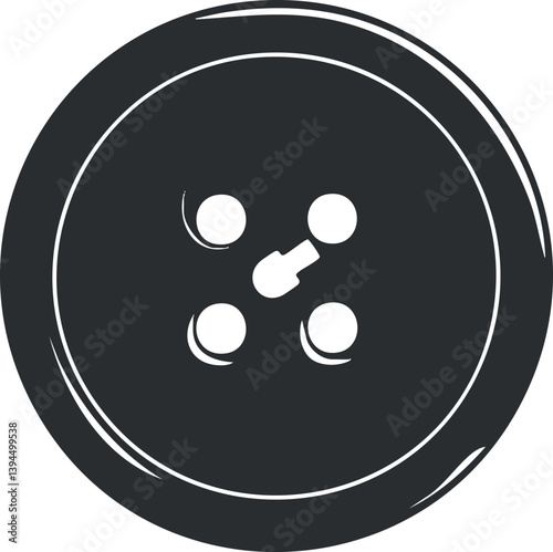 Black circular button illustration with four holes, representing simplicity in fashion and design.