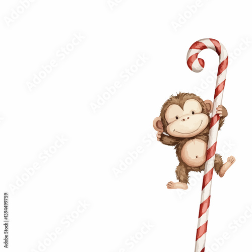 Monkey's Candy Cane Adventure: A playful monkey joyfully clings to a festive candy cane, in a whimsical scene. evoking the spirit of fun, with adorable charm.