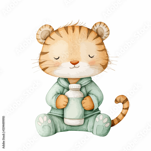Cute Tiger Cub with Milk Bottle: An adorable tiger cub, wearing comfy pajamas, sits serenely holding a milk bottle, symbolizing warmth and comfort, in a beautiful watercolor style.