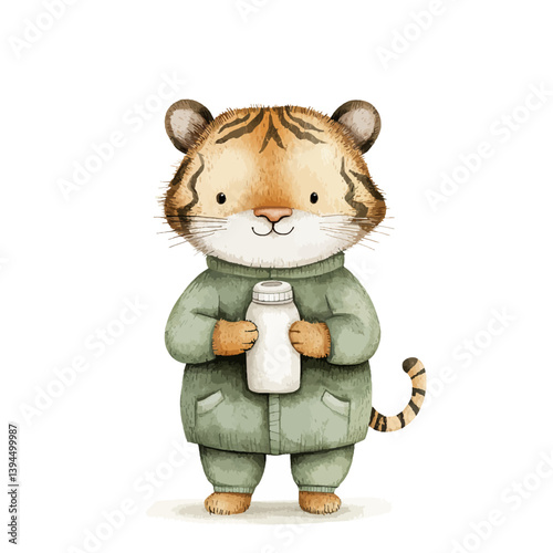 Cute Tiger with Milk Bottle: An adorable animated tiger, adorned in a cozy green garment, holds a milk bottle with an aura of innocence and comfort, captivating the viewer's heart.