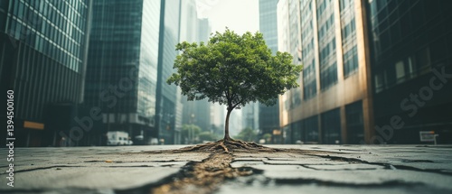A resilient tree emerges through urban pavement amidst towering skyscrapers, symbolizing nature's persistence and harmony in modern urban life.