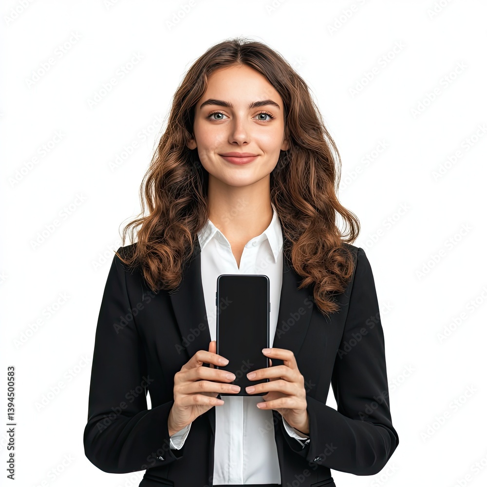 Professional woman holding smartphone modern office portrait bright environment confident concept Professional woman holding smartphone modern office portrait bright environment confident concept