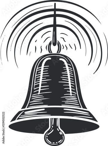Vintage black and white illustration of a ringing bell with sound waves emanating.