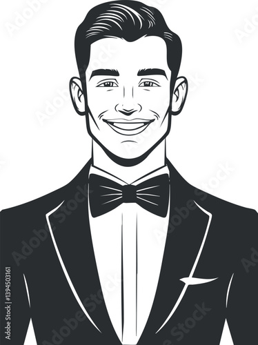Monochrome illustration of a smiling man in a tuxedo, showcasing elegance and formal style.