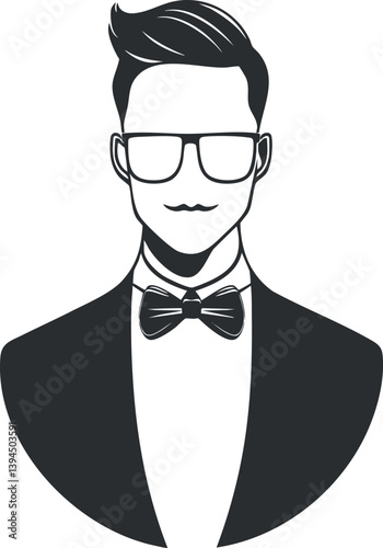 Monochrome vector illustration of a stylish man in glasses and bowtie silhouette.