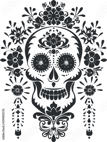 Black and white sugar skull with intricate floral patterns, inspired by the Day of the Dead.