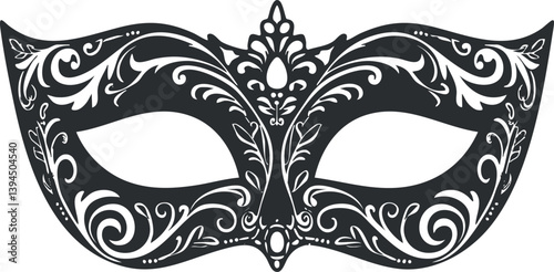 Ornate black and white masquerade mask illustration, perfect for festive and elegant events.