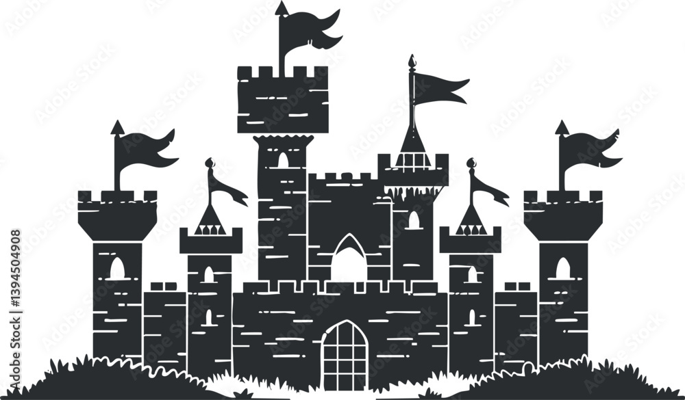 Obraz premium Silhouette of a medieval castle with multiple towers and flags, depicting historical architecture.