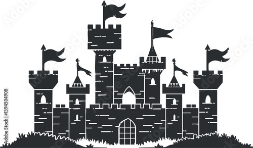 Silhouette of a medieval castle with multiple towers and flags, depicting historical architecture.