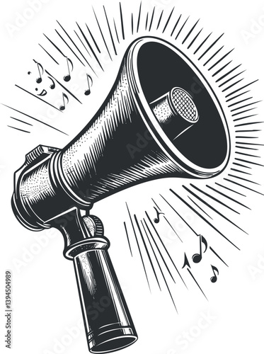 Vintage-style black and white illustration of a megaphone with musical notes and sound rays.