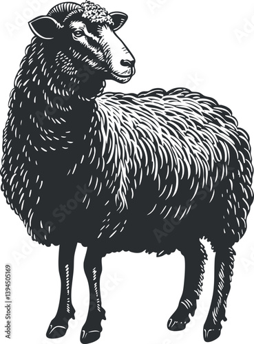 Monochrome illustration of a black sheep with detailed wool texture and rural aesthetic.