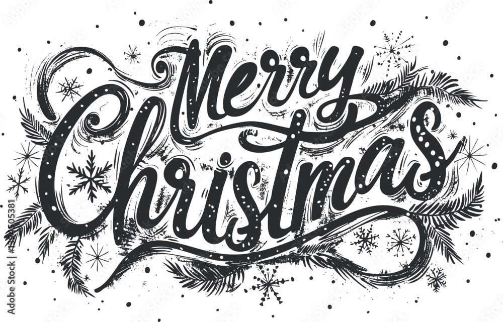 Fototapeta premium Merry Christmas typography with festive design elements, including snowflakes and pine branches.