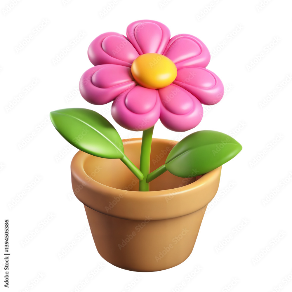 Naklejka premium 3D cartoon flower in a terracotta pot PNG. Terracotta Pot Flower Icon. Flower on Pot PNG.