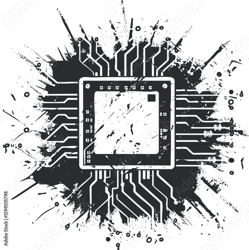 Abstract black and white illustration of a microchip with splattered circuitry design.