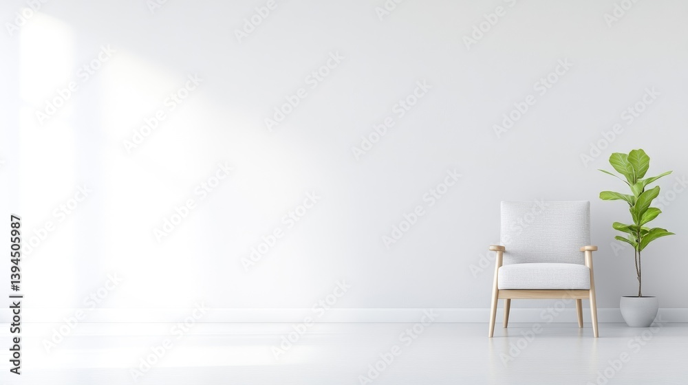 A minimalist white armchair positioned against a plain wall in a bright, airy room, with a green potted plant adding a touch of nature, and modern interior design concept. A minimalist white armchair positioned against a plain wall in a bright, airy room, with a green potted plant adding a touch of nature, and modern interior design concept.