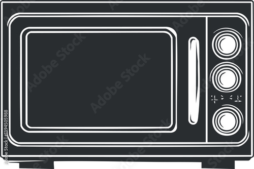 Black and white outline illustration of a microwave oven with control knobs and handle.