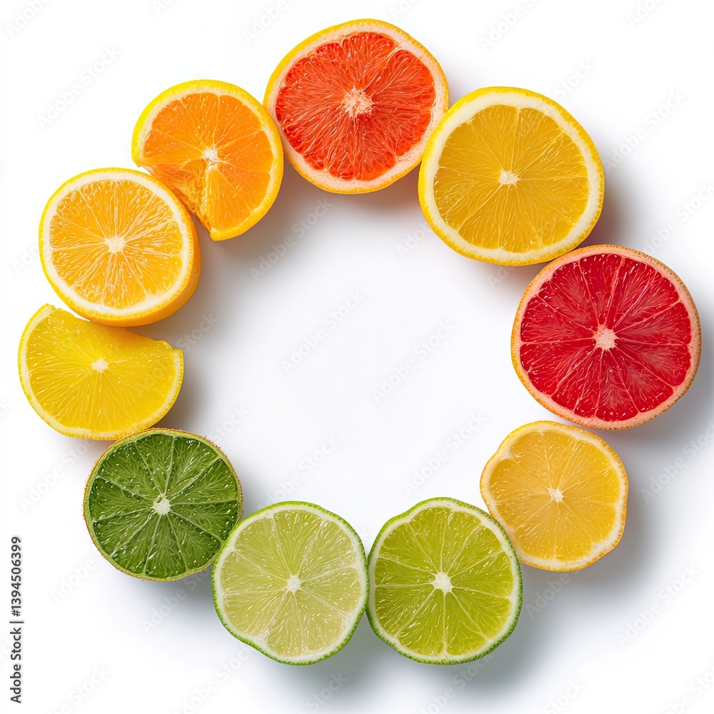 Fototapeta premium Citrus fruit arrangement kitchen table still life photography bright lighting top view freshness concept