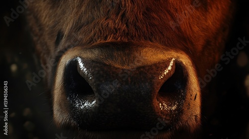 Close-up of a cow's nose.  Dark, detailed view of animal's nose