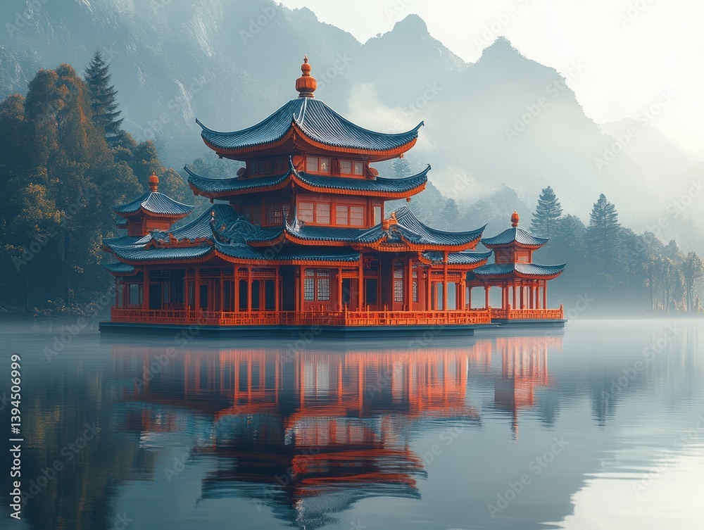 Serene Asian Pavilion Surrounded by Misty Mountains and Reflective Water Serene Asian Pavilion Surrounded by Misty Mountains and Reflective Water