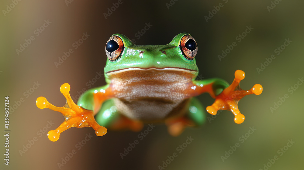Obraz premium Jumping frog with vibrant colors and expressive eyes, showcasing nature beauty, World Frog Day Awareness Theme.