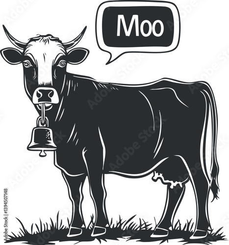 Cartoon cow illustration with a bell, displaying a speech bubble saying 'Moo' in black and white.