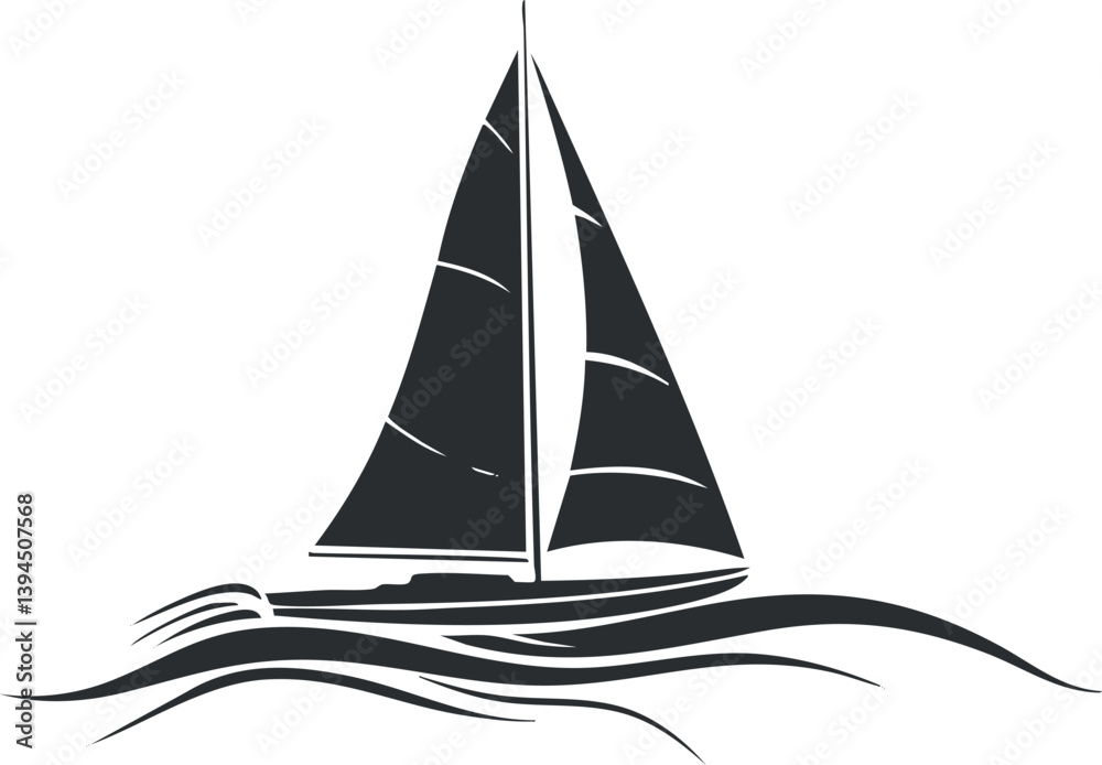 Minimalist black and white silhouette of a sailboat on ocean waves, depicting nautical adventure. Minimalist black and white silhouette of a sailboat on ocean waves, depicting nautical adventure.