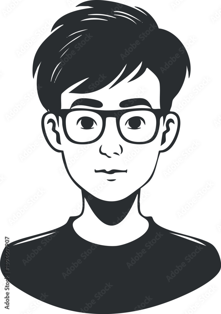 Black and white cartoon avatar of a young male wearing glasses with a stylish hairstyle. Black and white cartoon avatar of a young male wearing glasses with a stylish hairstyle.
