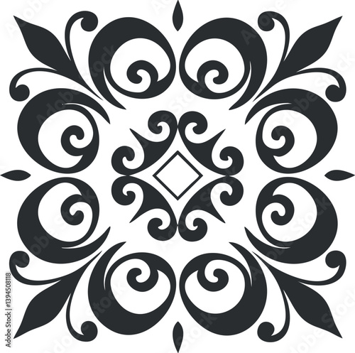 Intricate black and white ornamental design with symmetrical swirls and floral elements.
