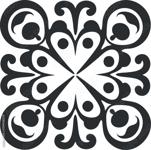 Black and white symmetrical ornamental pattern with intricate floral and geometric design elements.