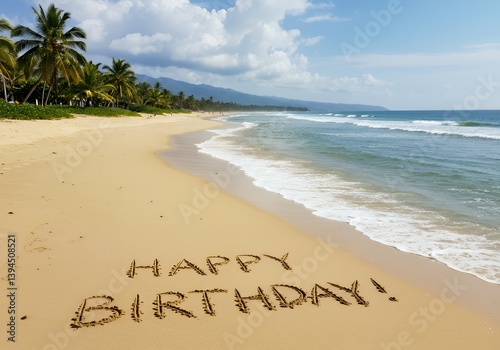 Fototapeta Naklejka Na Ścianę i Meble -  Happy birthday beach vacation celebration tropical island getaway palm trees ocean waves sand writing